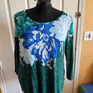 JM Collection Green and Blue Floral Top